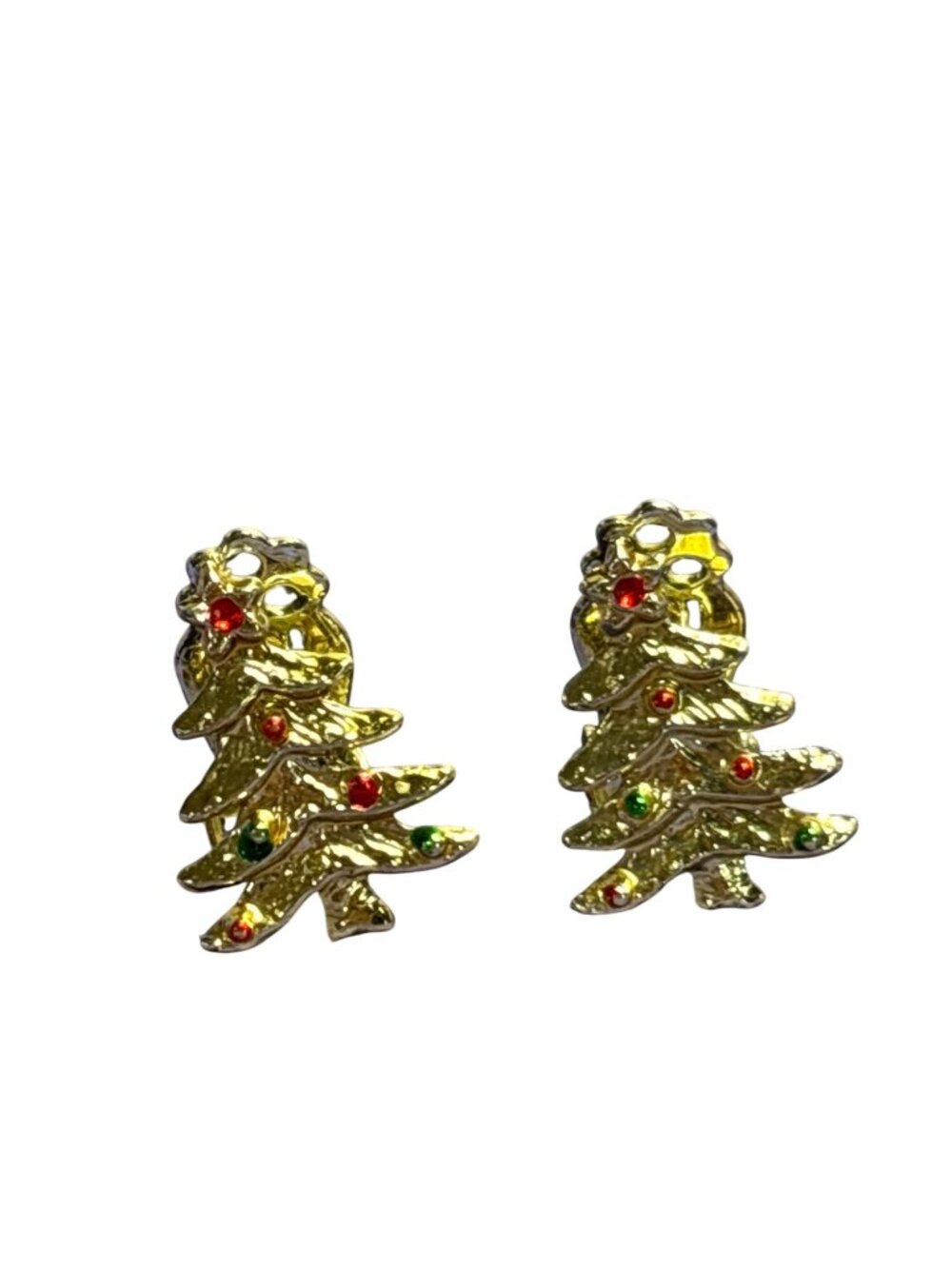 Vintage Goldtone Christmas Tree Clip On Earrings Red Green Enamel 0.75 inch